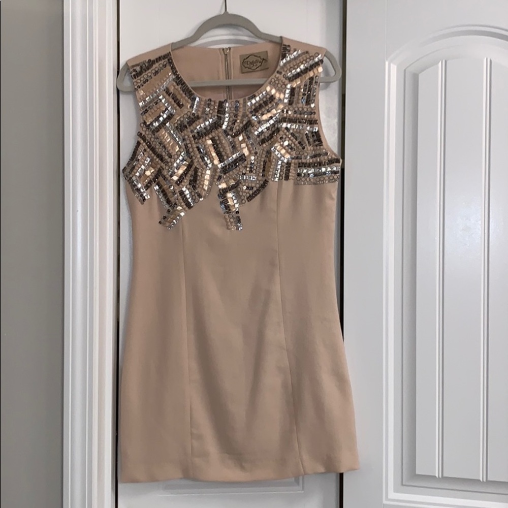 Tan shift dress - size JR large- beautiful beading